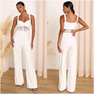 LULU’S Adore The Feeling White Sheer Lace Bustier Twist-Front Jumpsuit
